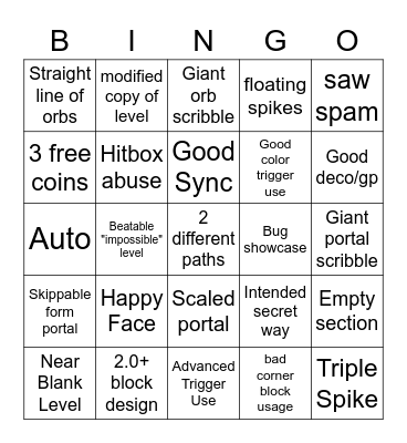 Recent Level Bingo Card