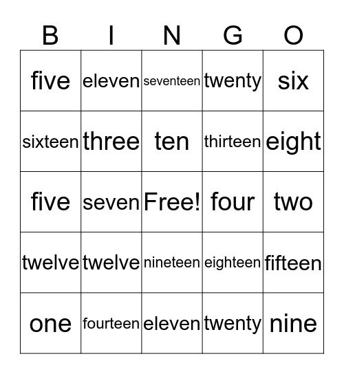 Number Name Bingo Card