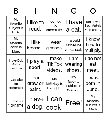Fantastic Fourth Graders! Bingo Card