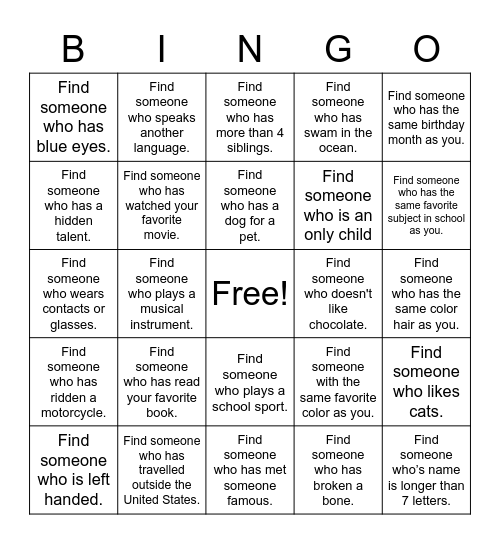 Find Someone Who Bingo Card