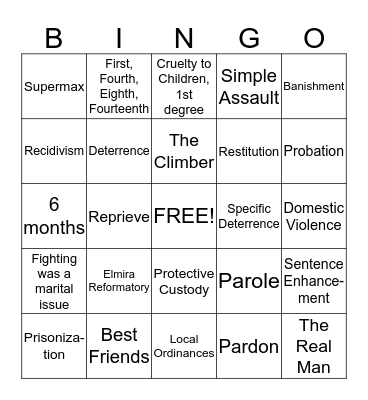 Corrections Final Exam Review Bingo Card