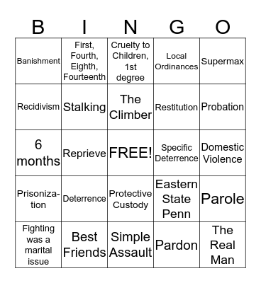 Corrections Final Exam Review Bingo Card
