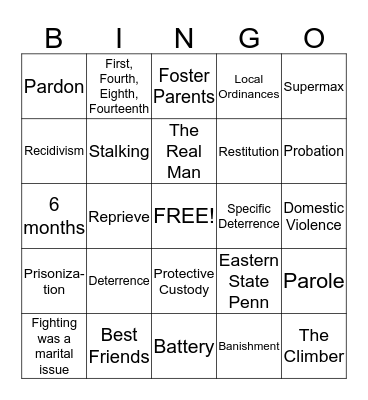 Corrections Final Exam Review Bingo Card