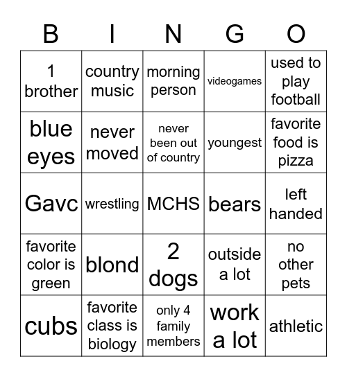 Personality Bingo Card