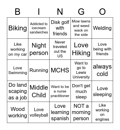 Personality Bingo Card