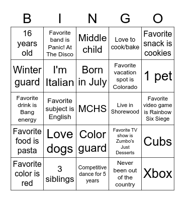 Personality Bingo Card