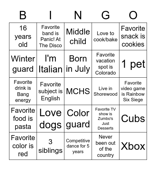 Personality Bingo Card