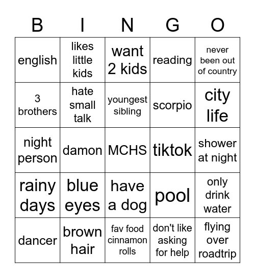 About Me Bingo Card