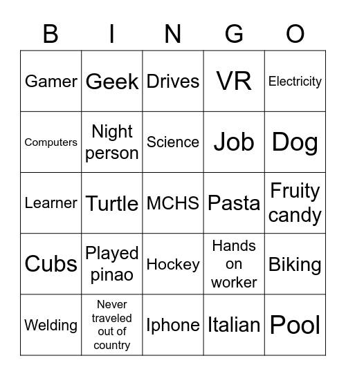 Personality Bingo Card