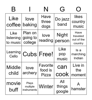 Personality Bingo Card