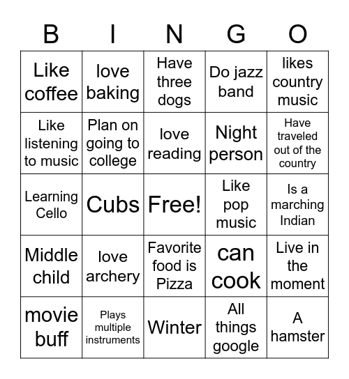 Personality Bingo Card