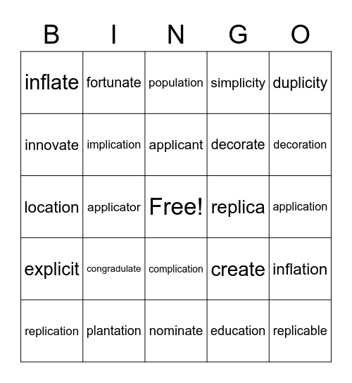 -plic-  ,  -ate, -ation Bingo Card