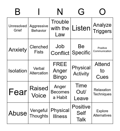 Anger Bingo Card