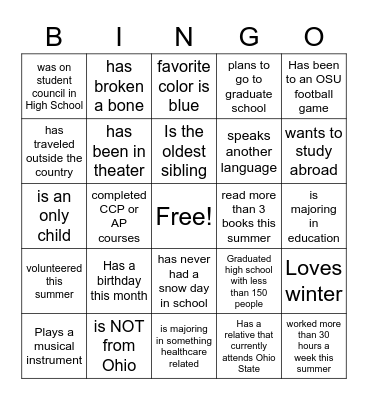 ACES Welcome Retreat Bingo Card