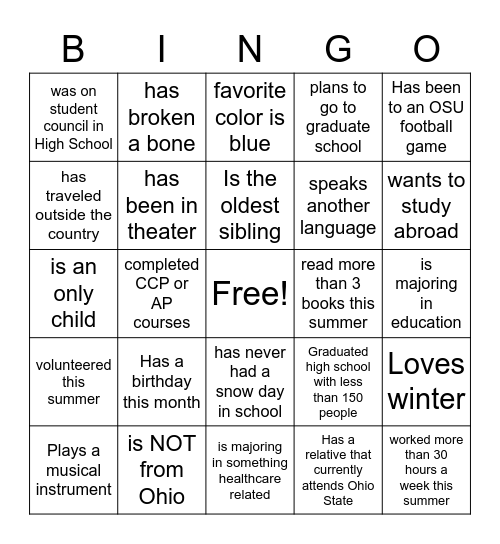 ACES Welcome Retreat Bingo Card