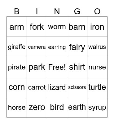 Medial R Bingo Card