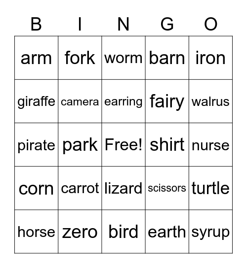 Medial R Bingo Card