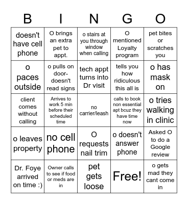 Covid-19 Veterinary Curbside Bingo Card