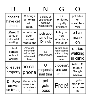 Covid-19 Veterinary Curbside Bingo Card
