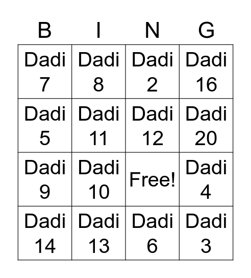 Jai Dadi Ki !!!! Bingo Card