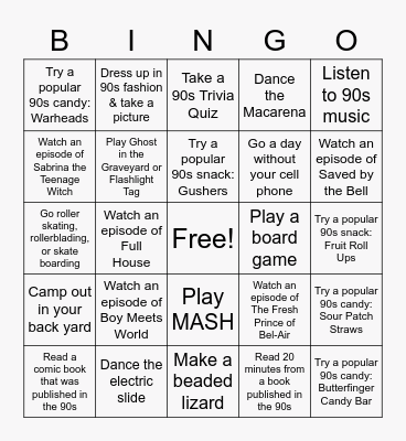 September Teen Challenge: 90s Throwback Bingo Card