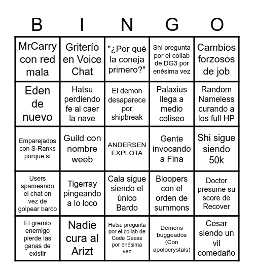 WorstOne Colosseum Bingo Card