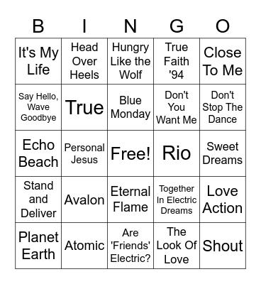 New Wave/Romantics Bingo Card