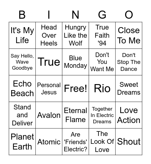 New Wave/Romantics Bingo Card