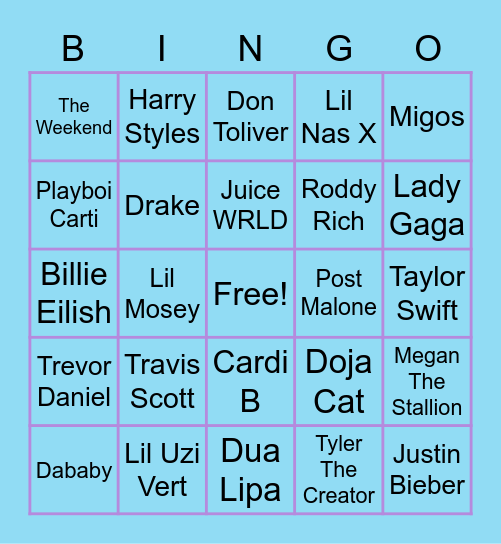 Name that Artist Bingo Card