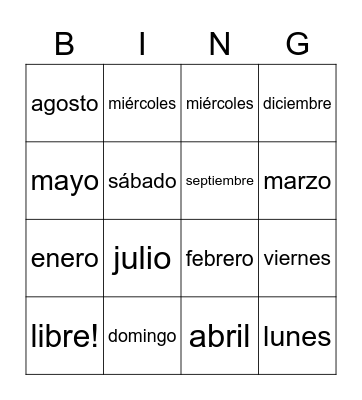 Días y Meses Bingo Card