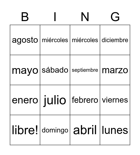 Días y Meses Bingo Card