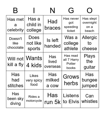 Getting to know you! Bingo Card