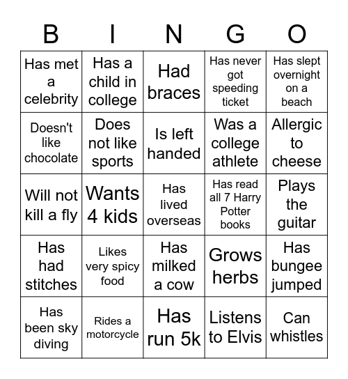 Getting to know you! Bingo Card