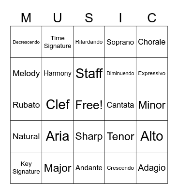 Music Vocabulary Bingo Card