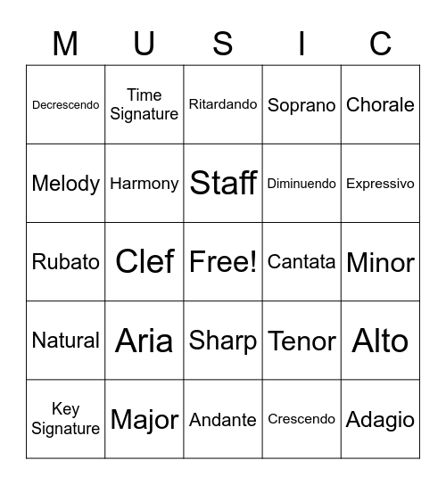 Music Vocabulary Bingo Card