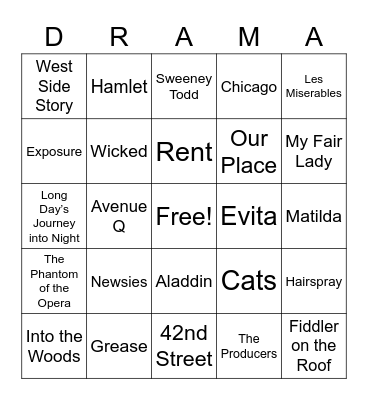 Famous Musicals and Plays Bingo Card