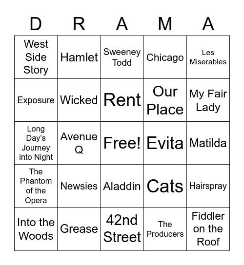 Famous Musicals and Plays Bingo Card