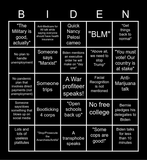 DNC Night 1 Bingo Card