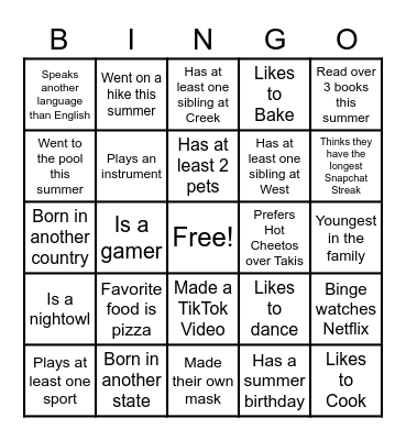 All About Me: Summer Edition Bingo Card