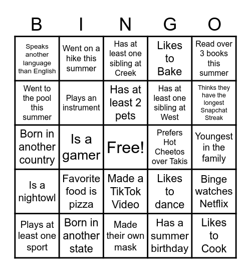 All About Me: Summer Edition Bingo Card