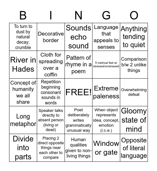 Figurative Language/Vocab Bingo Card