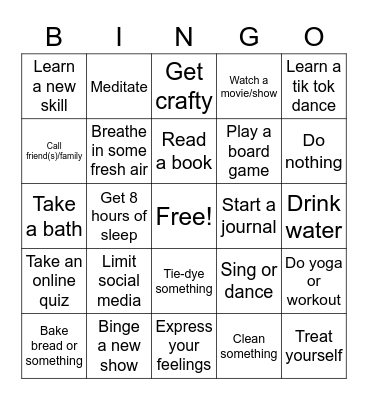 Self care in Quarantine Bingo Card