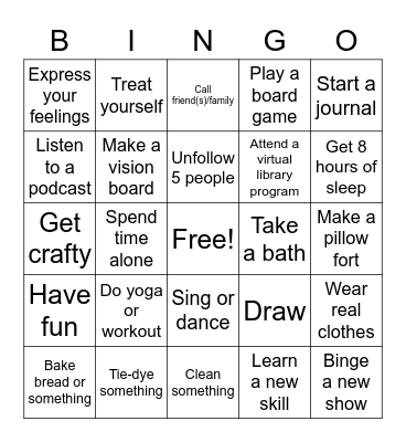 Self care in Quarantine Bingo Card