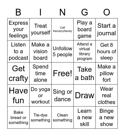 Self care in Quarantine Bingo Card