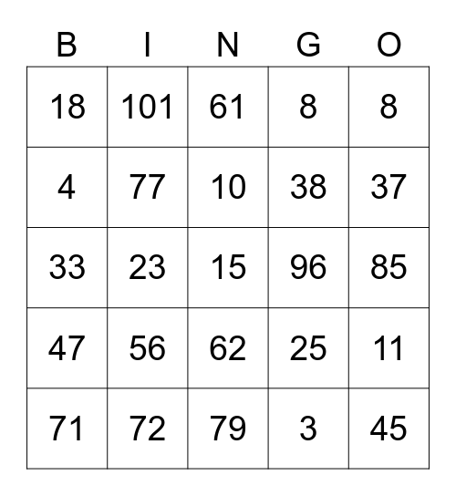 数学数字bingo Card