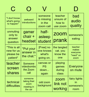 Pandemic School Bingo Card