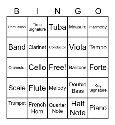 6th Grade Music Bingo Card