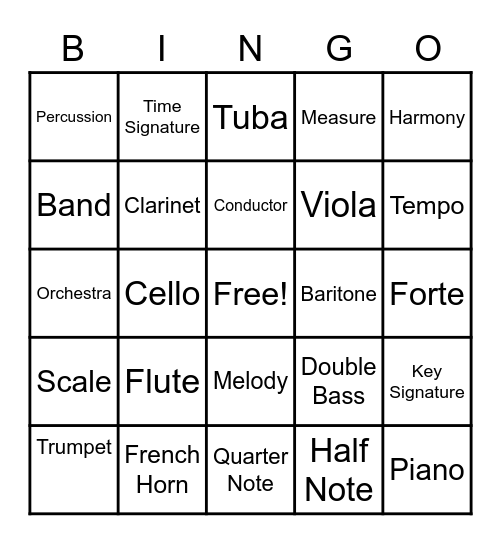 6th Grade Music Bingo Card
