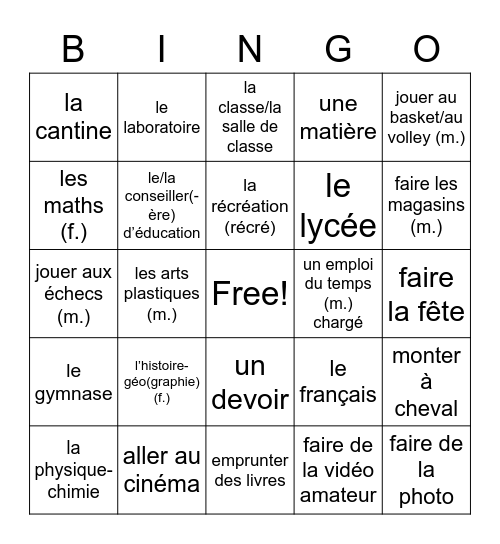 Le lycée Bingo Card