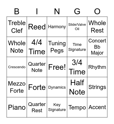 7th Grade Music Bingo Card